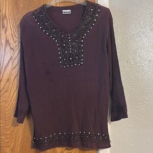Brown Embellished Blouse with 3/4 Sleeves